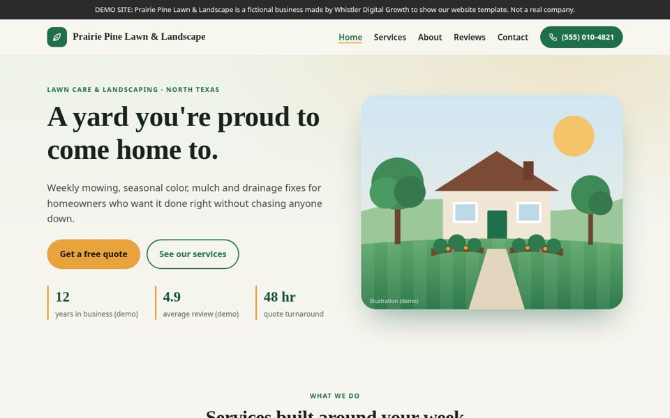 Homepage of a sample website for Prairie Pine Lawn & Landscape, a fictional business made up to show our website template